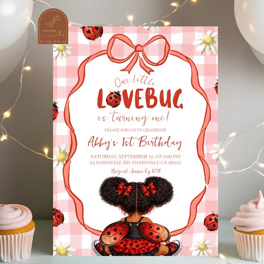 Gingham Red Ladybug 1st Birthday Invitation_ 招待状