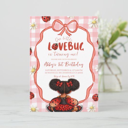 Gingham Red Ladybug 1st Birthday Invitation_ 招待状 (スタンド正面)