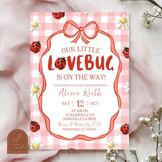 Gingham Red Lovebug Baby Shower 招待状