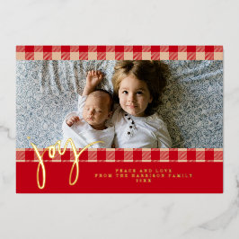 Gingham Rustic Farmhouse Red Beige Christmas Photo 箔シーズンカード