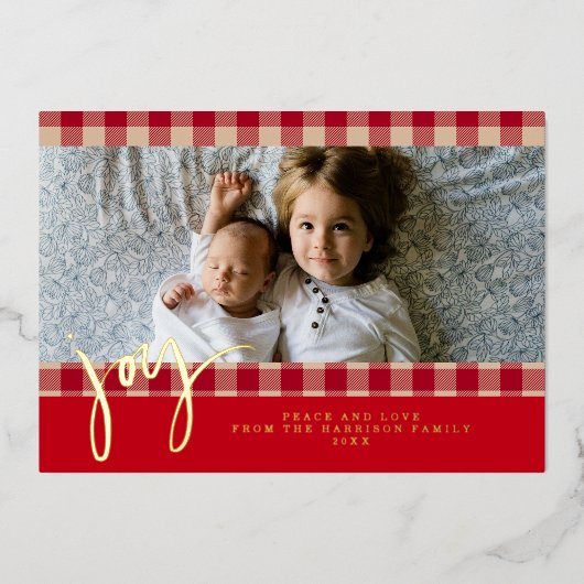 Gingham Rustic Farmhouse Red Beige Christmas Photo 箔シーズンカード (正面)