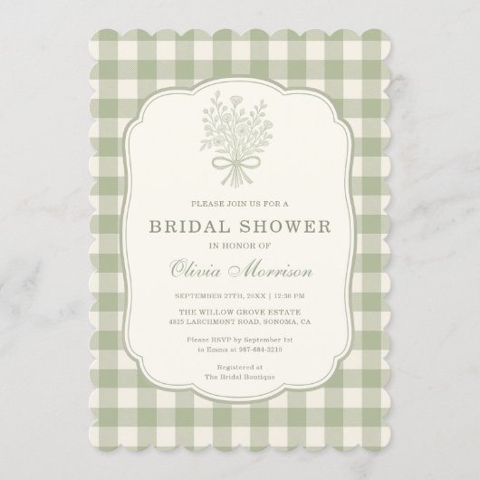Gingham Sage Green Bridal Shower 招待状 (正面)