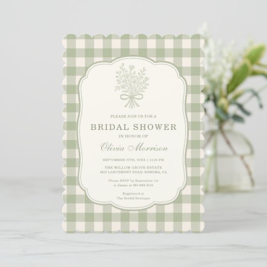 Gingham Sage Green Bridal Shower 招待状 (スタンド正面)