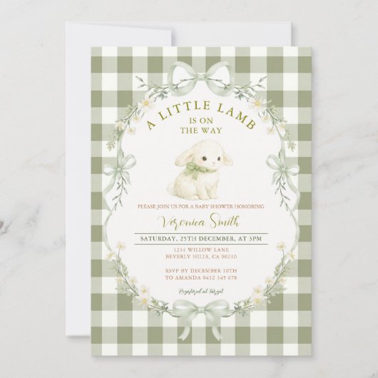 Gingham Sage Green Little Lamb Baby Shower 招待状 (正面)