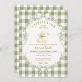 Gingham Sage Green Little Lamb Baby Shower 招待状 (正面/裏面)