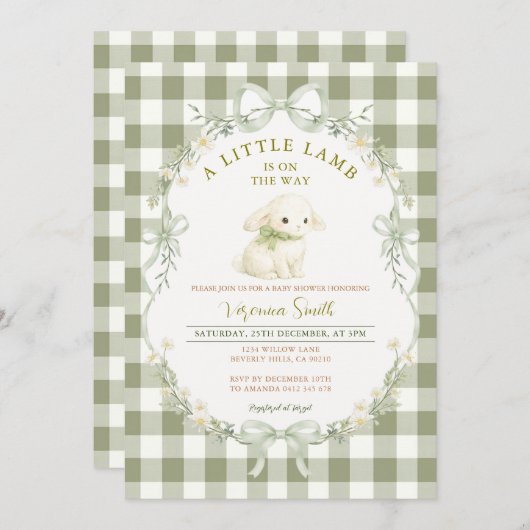Gingham Sage Green Little Lamb Baby Shower 招待状 (正面/裏面)