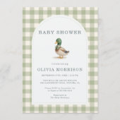 Gingham Sage Green Mallard Duck Bow Baby Shower 招待状 (正面)
