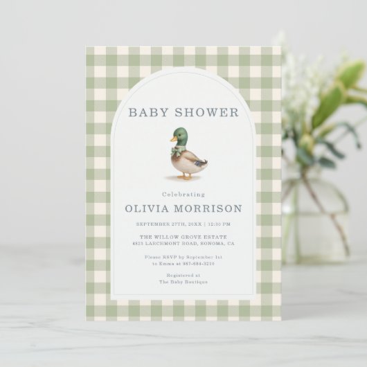 Gingham Sage Green Mallard Duck Bow Baby Shower 招待状 (スタンド正面)