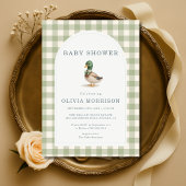 Gingham Sage Green Mallard Duck Bow Baby Shower 招待状