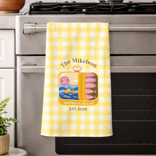 Gingham Sardines Custom Family Name キッチンタオル