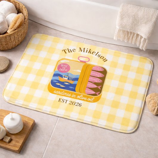 Gingham Sardines Custom Family Name バスマット