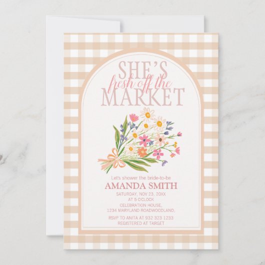 Gingham She’s Fresh Off the Market Bridal Shower 招待状 (正面)