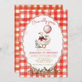 Gingham Silly Goose 1st Birthday Winter Christmas  招待状 (正面/裏面)