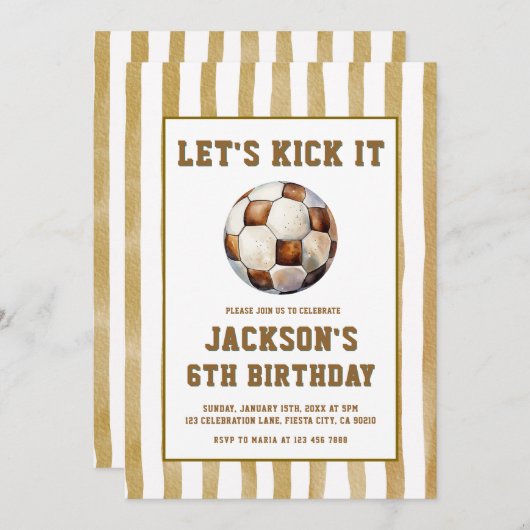 Gingham Soccer Football Birthday Invitation 招待状 (正面/裏面)