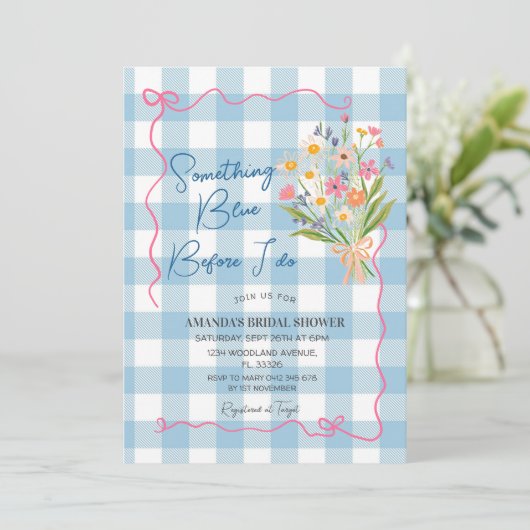 Gingham Something Blue Before I Do Bridal Shower 招待状 (スタンド正面)
