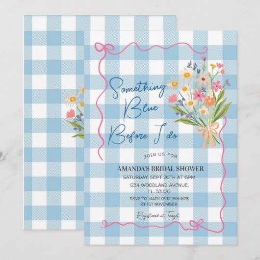 Gingham Something Blue Before I Do Bridal Shower 招待状 (正面/裏面)