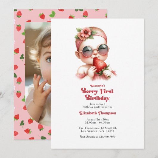 Gingham Strawberry Berry 1st Birthday Party Photo 招待状 (正面/裏面)