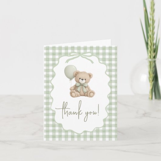 Gingham Teddy Bear Baby Shower Thank You Card サンキューカード (正面)