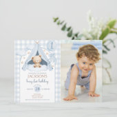 Gingham Teddy Bear Balloon Photo Boy 1st Birthday 招待状 (スタンド正面)