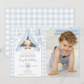 Gingham Teddy Bear Balloon Photo Boy 1st Birthday 招待状 (正面/裏面)