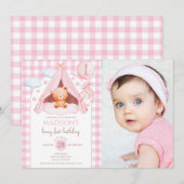 Gingham Teddy Bear Balloon Photo Girl 1st Birthday 招待状 (正面/裏面)