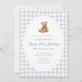 Gingham Teddy Bear Beary First Birthday Invitation 案内状 (正面)