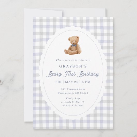 Gingham Teddy Bear Beary First Birthday Invitation 案内状 (正面)
