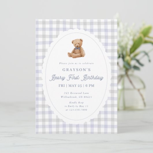 Gingham Teddy Bear Beary First Birthday Invitation 案内状 (スタンド正面)