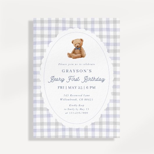 Gingham Teddy Bear Beary First Birthday Invitation 案内状