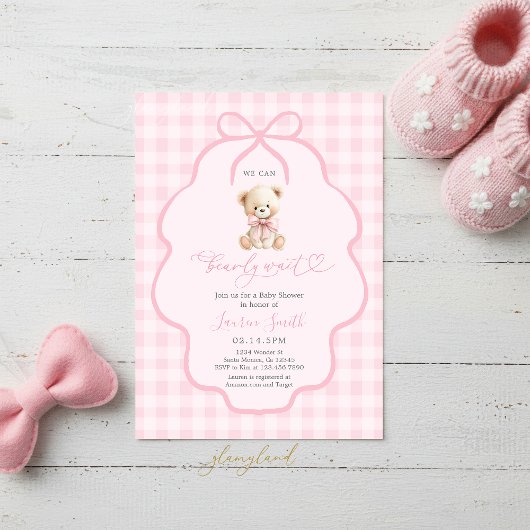 Gingham Teddy Bear Girl Baby Shower 招待状