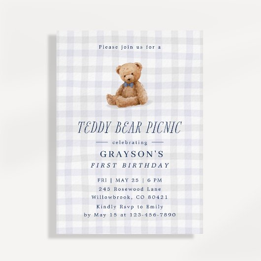 Gingham Teddy Bear Picnic First Birthday  招待状