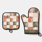 Gingham Terra Cotta and Green 鍋つかみ&鍋敷きセット (正面)