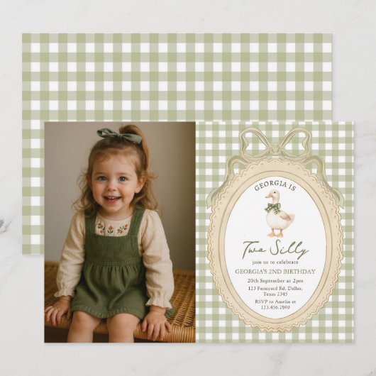 Gingham Two Silly Goose 2nd Birthday Photo 招待状 (正面/裏面)