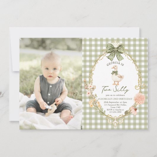 Gingham Two Silly Goose 2nd Birthday Photo 招待状 (正面)