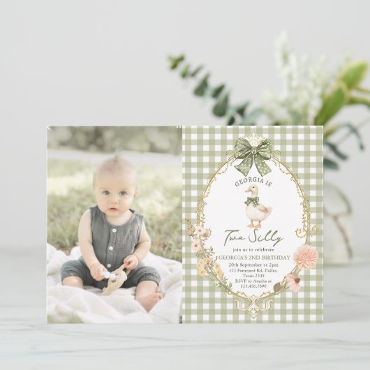 Gingham Two Silly Goose 2nd Birthday Photo 招待状 (スタンド正面)