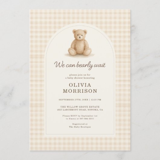 Gingham We Can Bearly Wait Baby Shower 招待状 (正面)