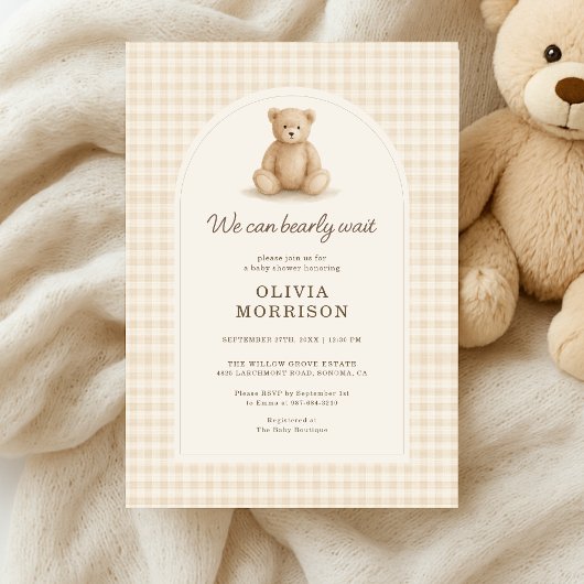 Gingham We Can Bearly Wait Baby Shower 招待状