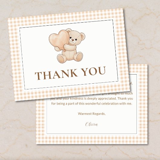Gingham we can bearly wait baby shower, teddy bear サンキューカード