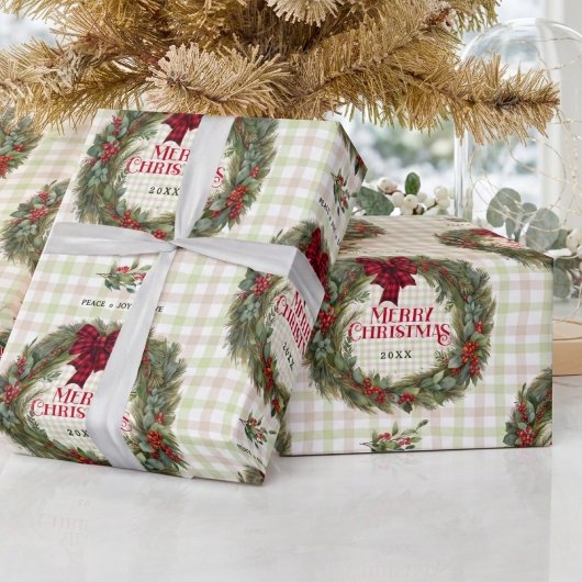 Gingham Wreath Watercolor Christmas ラッピングペーパー