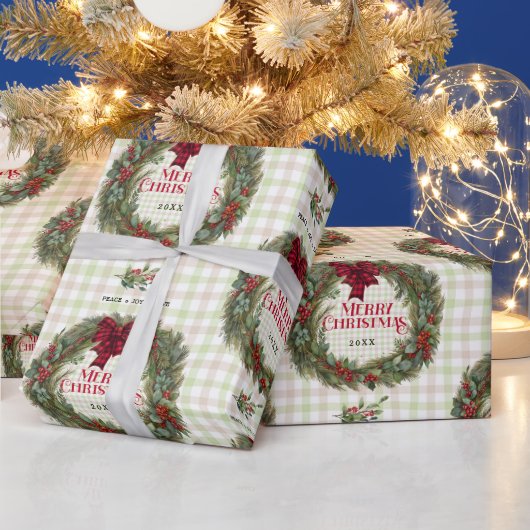 Gingham Wreath Watercolor Christmas ラッピングペーパー (クリスマス)