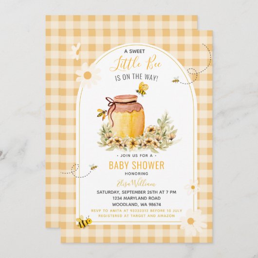 GinghamSweet Little Bee is on the Way Baby Shower 招待状 (正面/裏面)