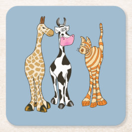 Girafe vache et chat, animaux comiques. スクエアペーパーコースター