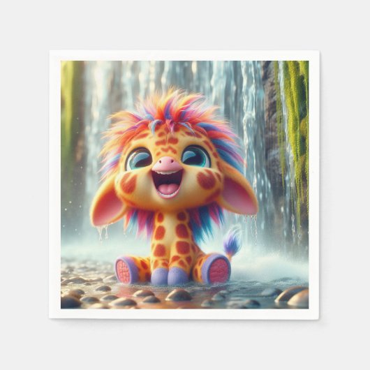 Giraffe am Wasserfall in Serviette スタンダードカクテルナプキン (正面)