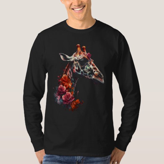 Giraffe Artwork Flowers Animal Tシャツ (正面)
