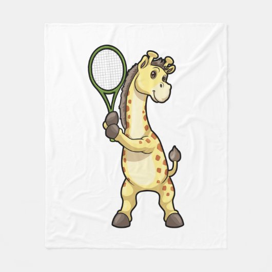 Giraffe at Tennis with Tennis racket フリースブランケット (正面)