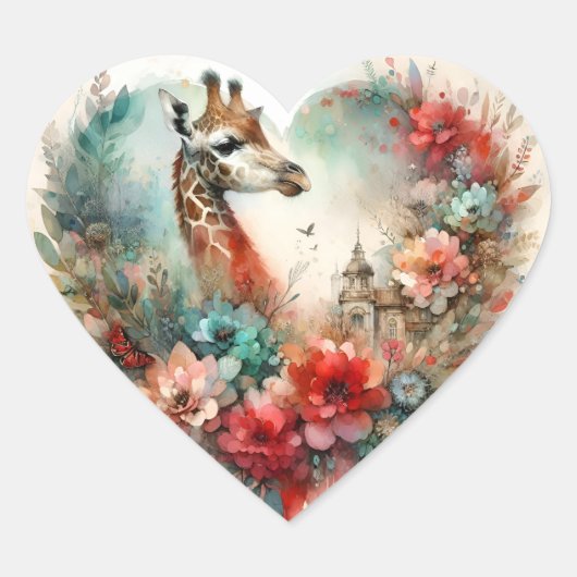 Giraffe Bloomscape Watercolor Floral Safari  ハートシール (正面)