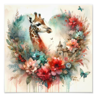 Giraffe Bloomscape Watercolor Floral Safari  フォトプリント