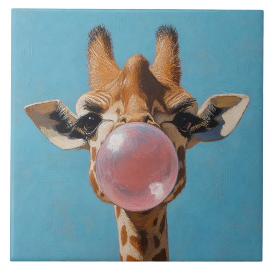 Giraffe Blowing Pink Bubblegum Bubble タイル (正面)