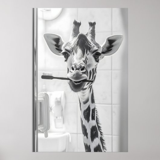 Giraffe Brushing Teeth Print, Funny Bathroom ポスター (正面)