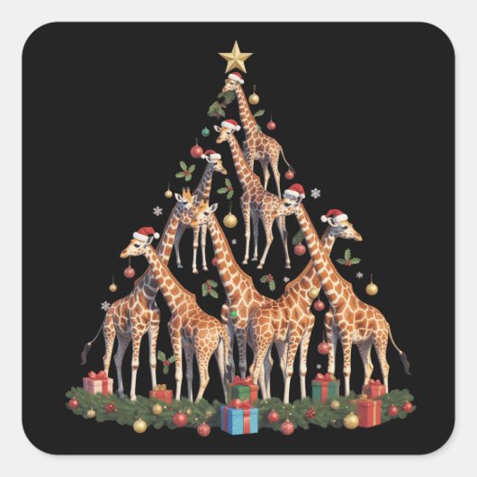 Giraffe Christmas Tree Santa African Wildlife Farm スクエアシール (正面)